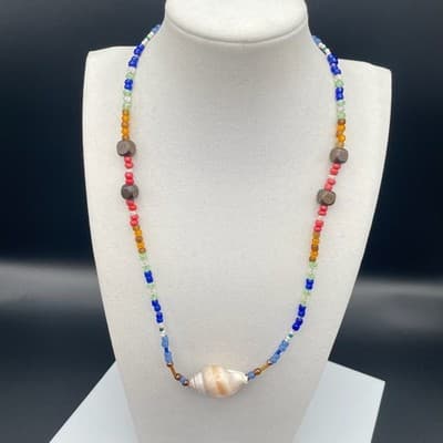 Vintage 90s Y2K Boho Rainbow Seed Bead Necklace Long Seashell Pendant Cube - Thumbnail 3