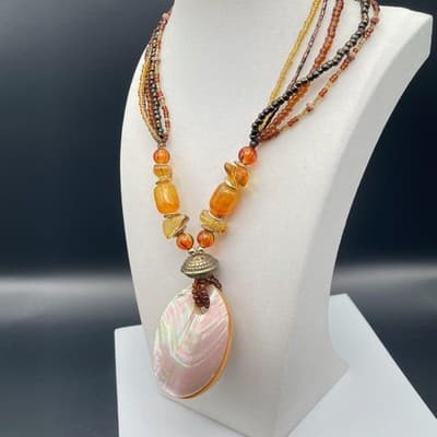Necklace Multi Strand Beaded Boho Statement Faux Amber Shell Pendant Earthy - Thumbnail 10