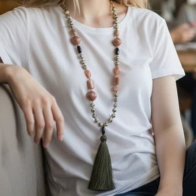 Vintage Dalmatian Stone Tassel Opera Necklace Matinee Boho Statement 32" - Thumbnail 2