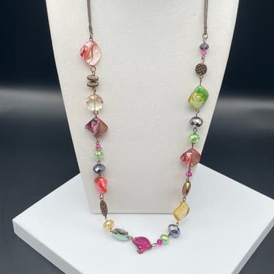 Vintage Bohemian Charm Single Chain Necklace Lobster Clasp Shell Crystal Bead - Thumbnail 2