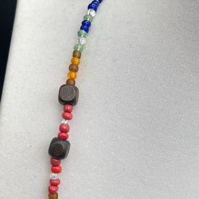 Vintage 90s Y2K Boho Rainbow Seed Bead Necklace Long Seashell Pendant Cube - Thumbnail 4