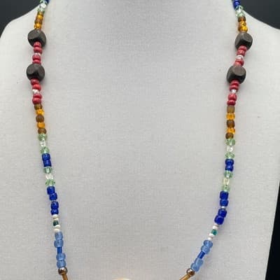 Vintage 90s Y2K Boho Rainbow Seed Bead Necklace Long Seashell Pendant Cube - Thumbnail 5