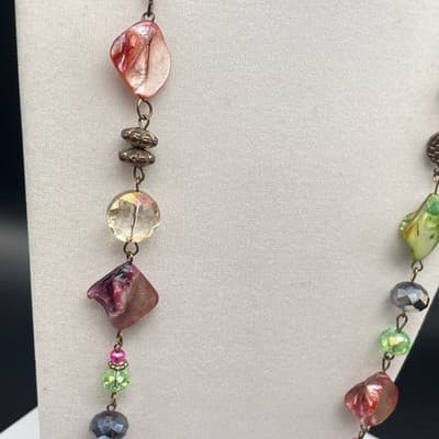 Vintage Bohemian Charm Single Chain Necklace Lobster Clasp Shell Crystal Bead - Thumbnail 3