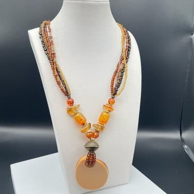 Necklace Multi Strand Beaded Boho Statement Faux Amber Shell Pendant Earthy - Thumbnail 2