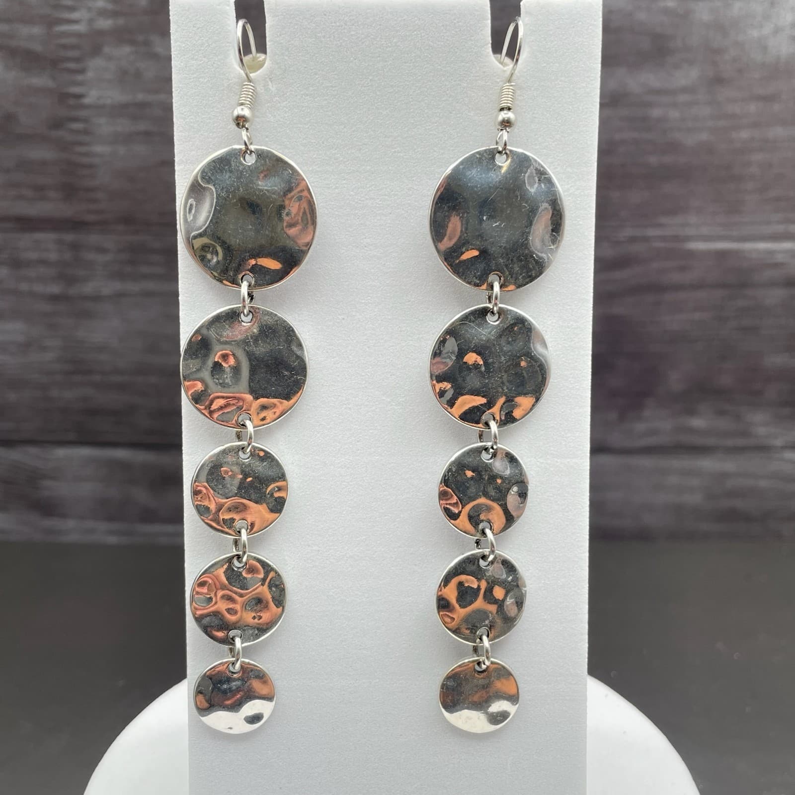 Silver-Tone Textured Disc Drop Earrings Boho Statement Dangle - Thumbnail 3