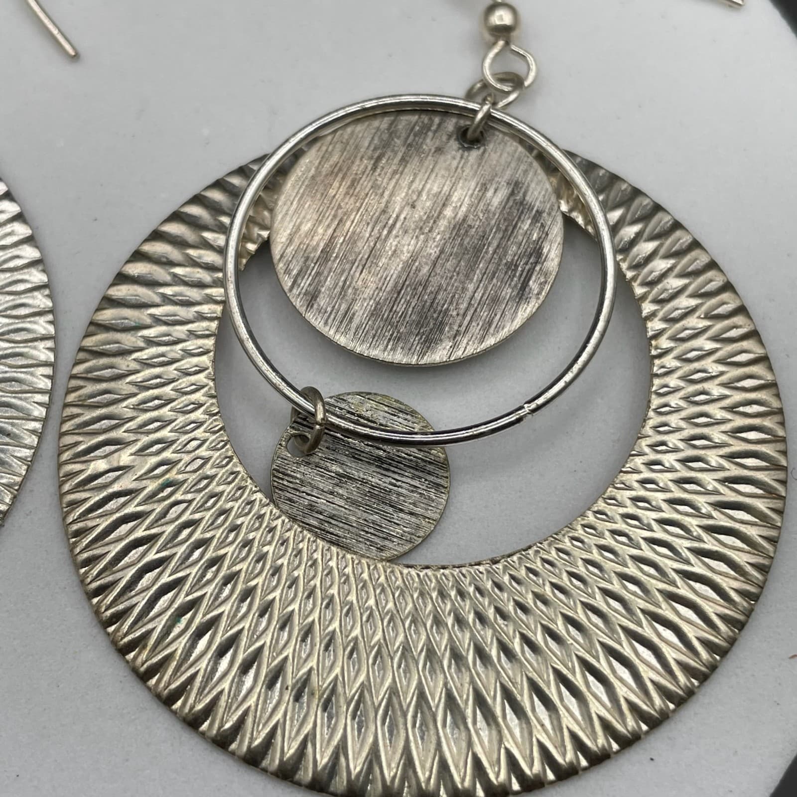 Silver-Tone Geometric Textured Circle Dangle Earrings Boho Statement - Thumbnail 6
