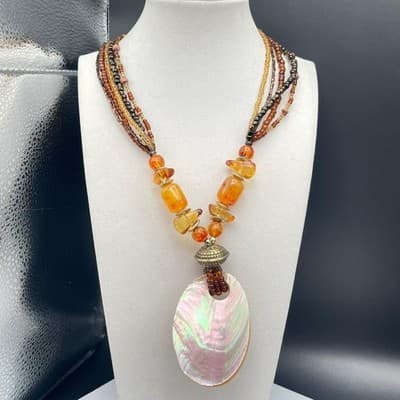 Necklace Multi Strand Beaded Boho Statement Faux Amber Shell Pendant Earthy - Thumbnail 3