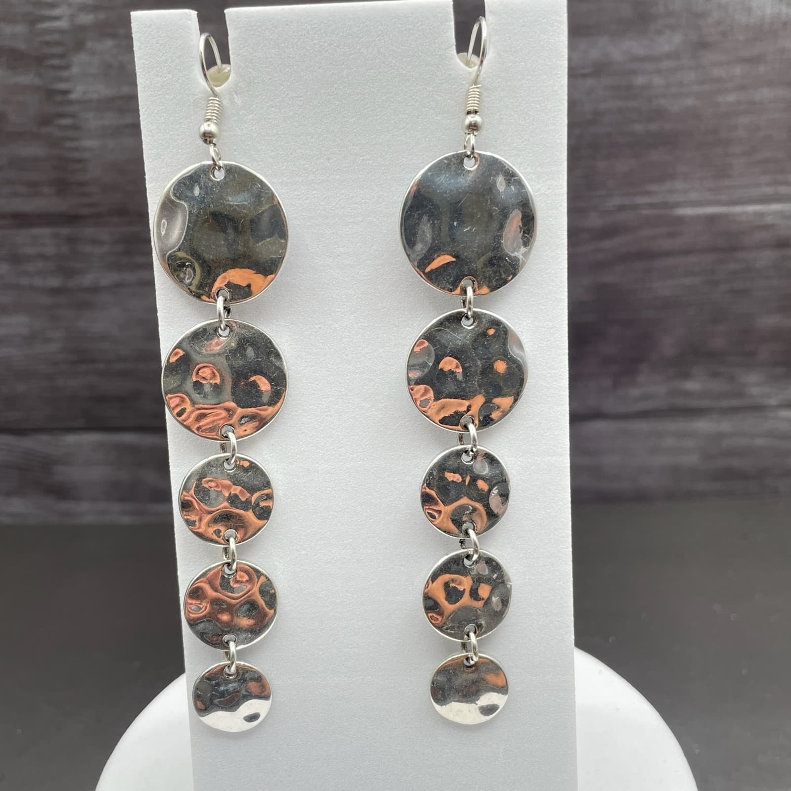 Silver-Tone Textured Disc Drop Earrings Boho Statement Dangle - Thumbnail 4