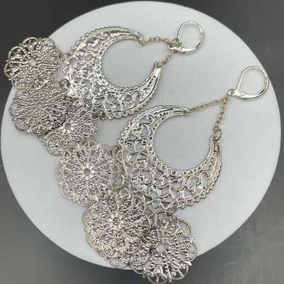 Chandelier Earrings Boho Crescent Medallion Style Silver Tone Statement - Thumbnail 7