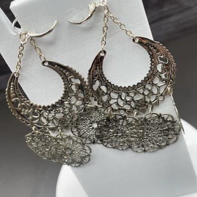 Chandelier Earrings Boho Crescent Medallion Style Silver Tone Statement - Thumbnail 2