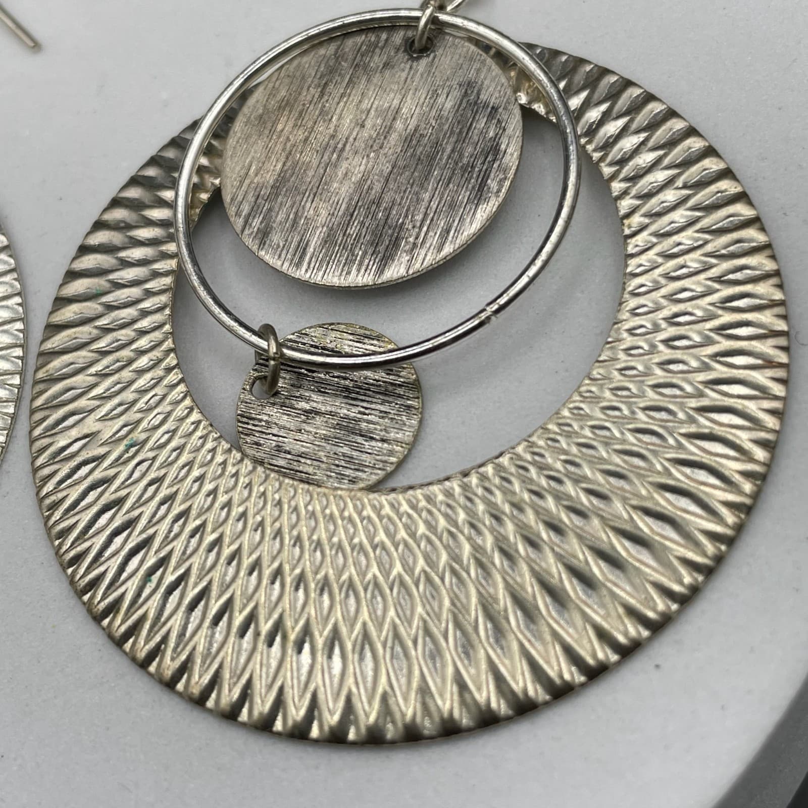 Silver-Tone Geometric Textured Circle Dangle Earrings Boho Statement - Thumbnail 5