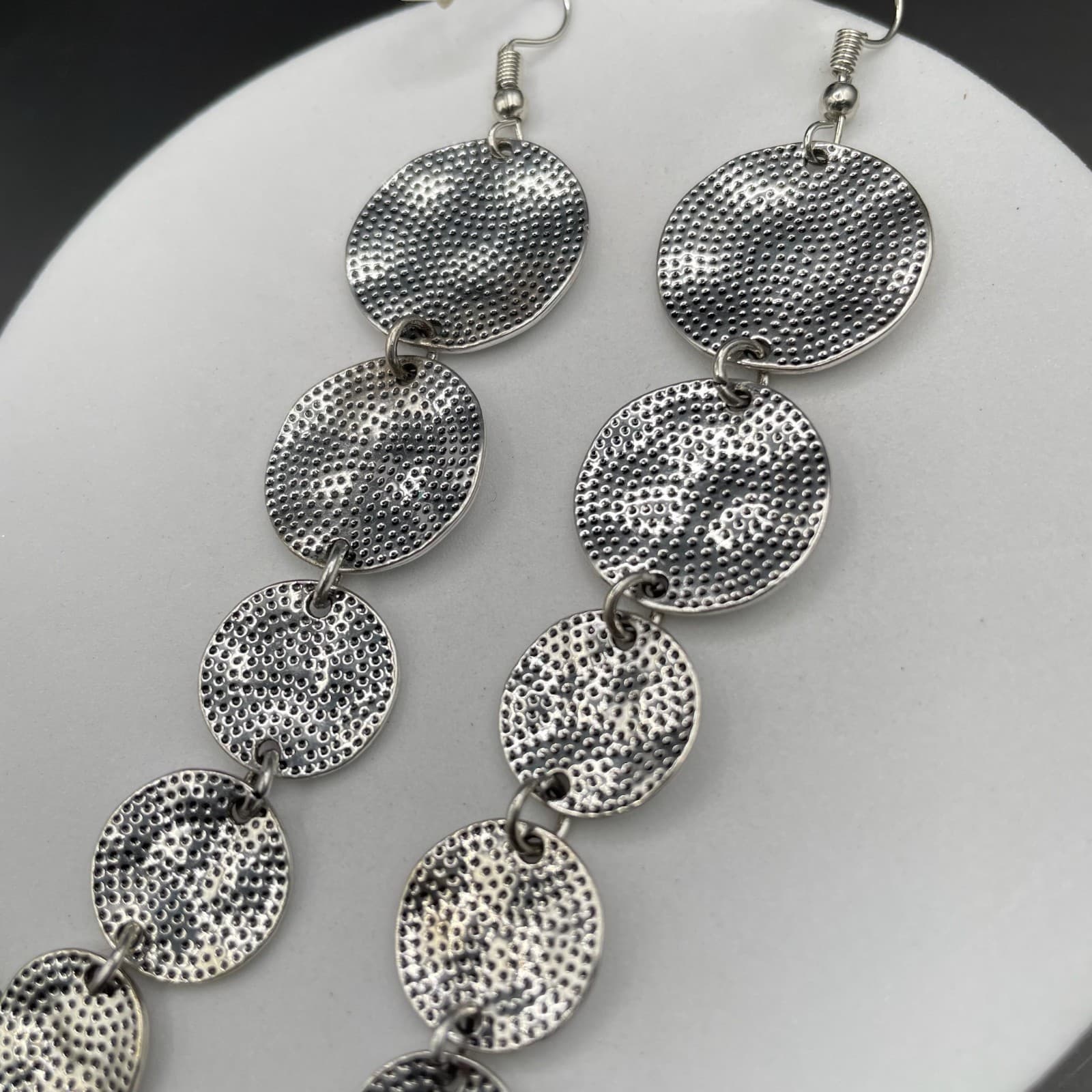 Silver-Tone Textured Disc Drop Earrings Boho Statement Dangle - Thumbnail 2