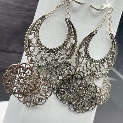 Chandelier Earrings Boho Crescent Medallion Style Silver Tone Statement - Thumbnail 4