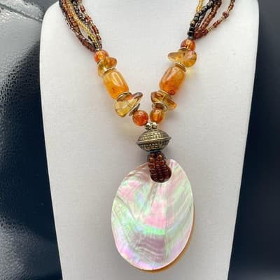 Necklace Multi Strand Beaded Boho Statement Faux Amber Shell Pendant Earthy - Thumbnail 8
