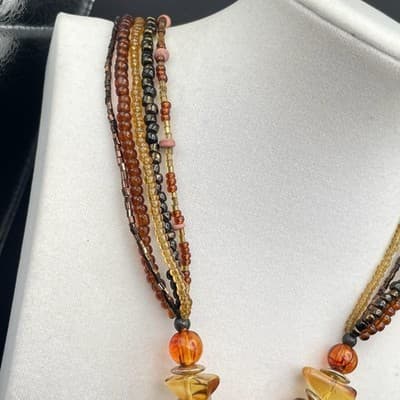Necklace Multi Strand Beaded Boho Statement Faux Amber Shell Pendant Earthy - Thumbnail 6