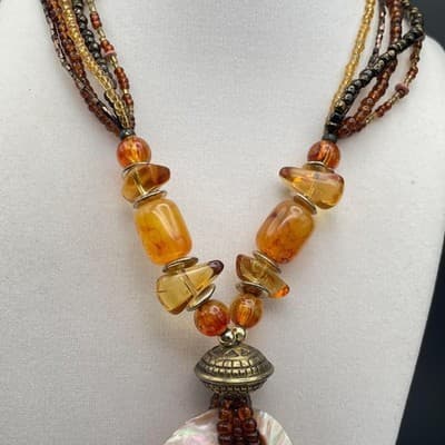 Necklace Multi Strand Beaded Boho Statement Faux Amber Shell Pendant Earthy - Thumbnail 7