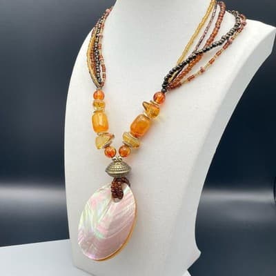 Necklace Multi Strand Beaded Boho Statement Faux Amber Shell Pendant Earthy - Thumbnail 9