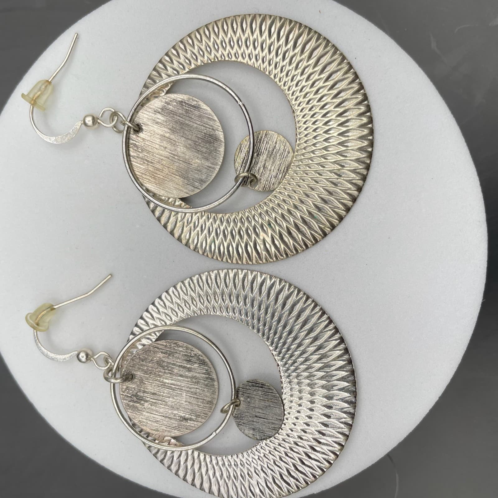 Silver-Tone Geometric Textured Circle Dangle Earrings Boho Statement - Thumbnail 2