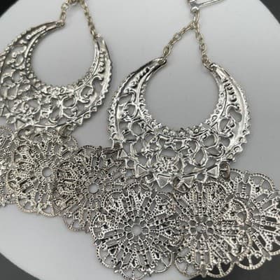 Chandelier Earrings Boho Crescent Medallion Style Silver Tone Statement - Thumbnail 8