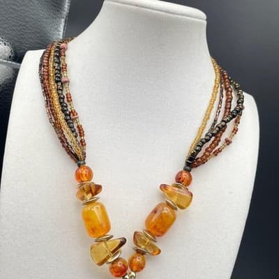 Necklace Multi Strand Beaded Boho Statement Faux Amber Shell Pendant Earthy - Thumbnail 5