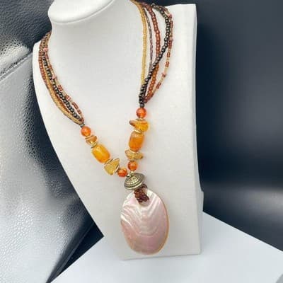 Necklace Multi Strand Beaded Boho Statement Faux Amber Shell Pendant Earthy - Thumbnail 4