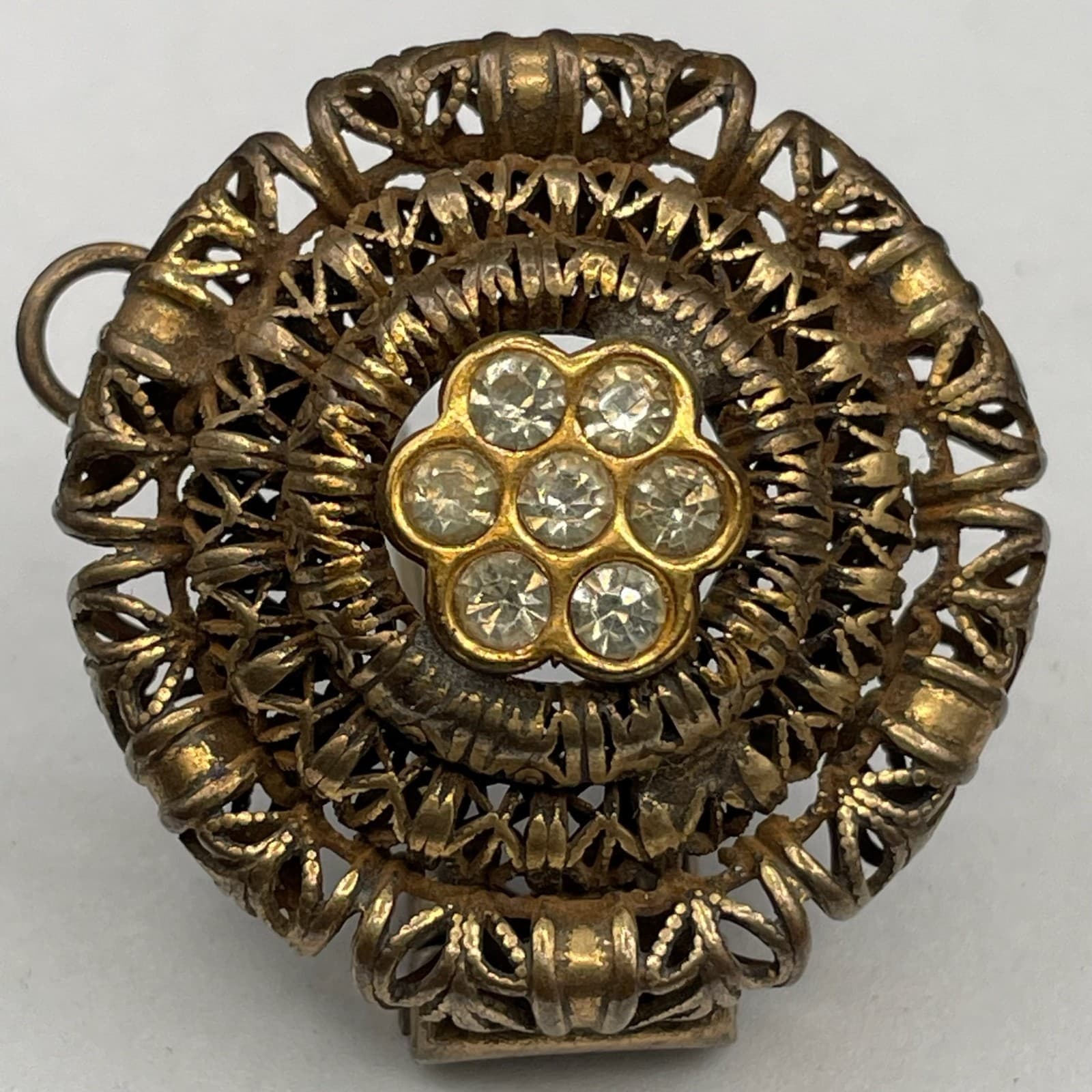 Vintage Filigree Rhinestone Flower Clip-On Pendant - Thumbnail 2