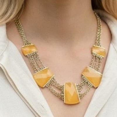 Vintage Gold Tone Trapezoid Yellow Faux Stone Statement Necklace Chunky 22"