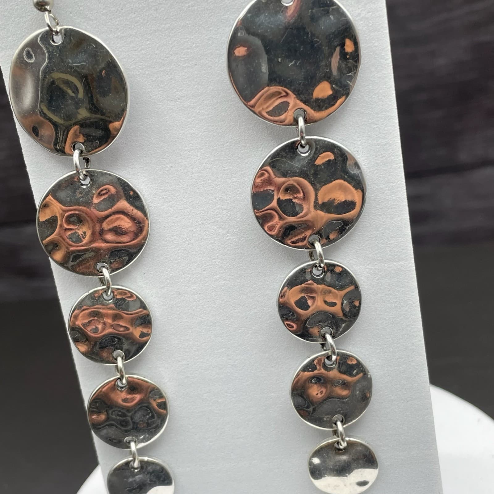 Silver-Tone Textured Disc Drop Earrings Boho Statement Dangle - Thumbnail 6