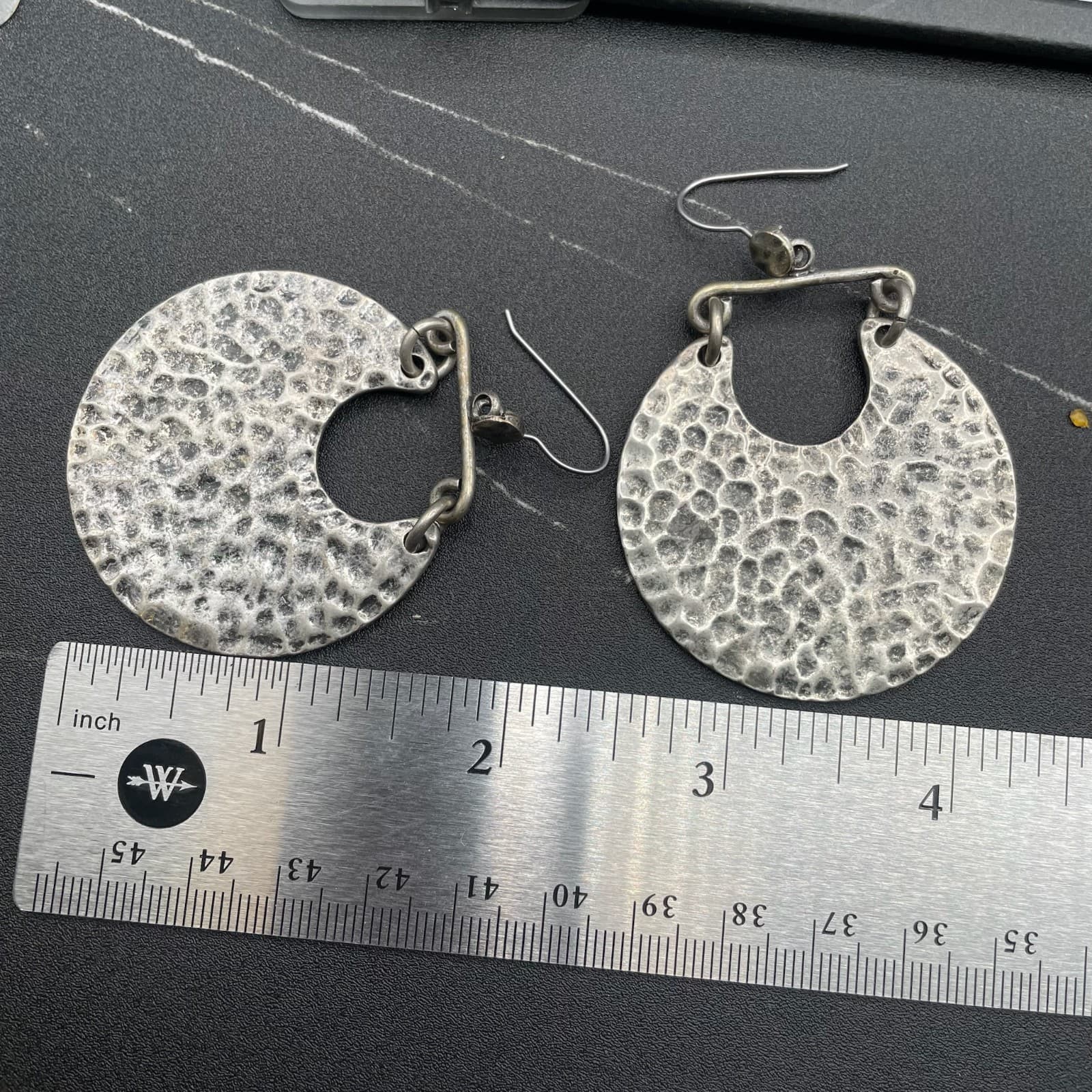 Hammered Silver Statement Disc Dangle Earrings - Thumbnail 6