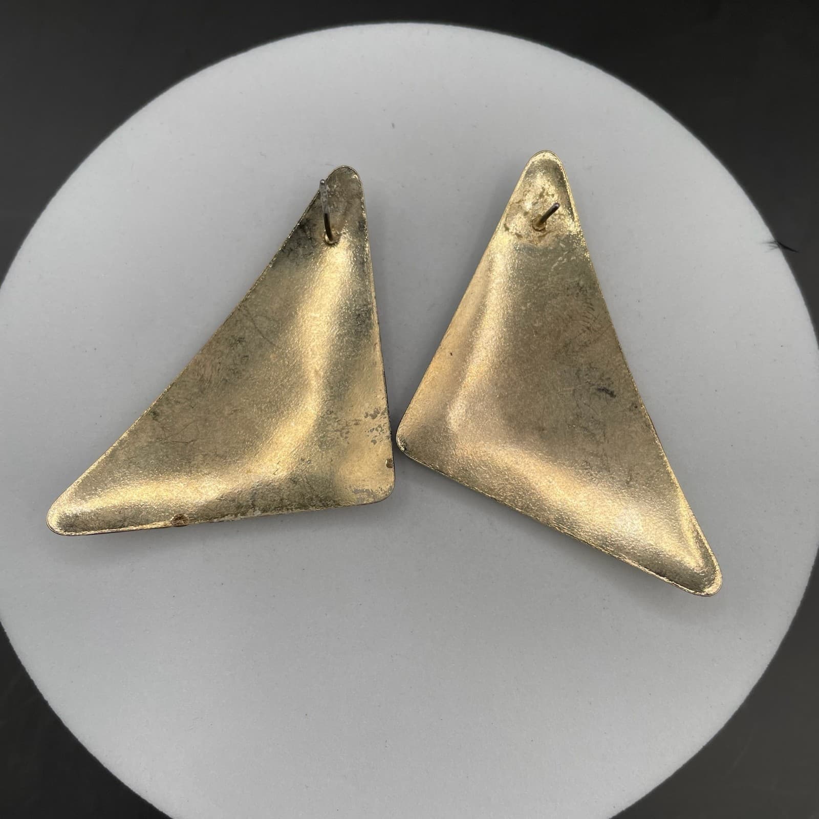 Vintage Enamel Triangle Earrings Bronze Peach Abstract Retro 80s Style - Thumbnail 7