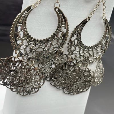 Chandelier Earrings Boho Crescent Medallion Style Silver Tone Statement - Thumbnail 5