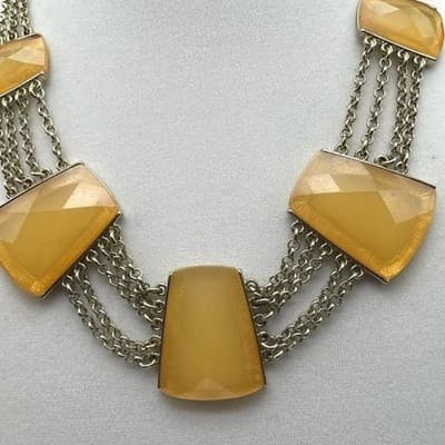 Vintage Gold Tone Trapezoid Yellow Faux Stone Statement Necklace Chunky 22" - Thumbnail 4