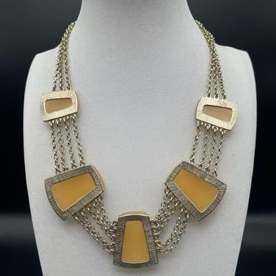 Vintage Gold Tone Trapezoid Yellow Faux Stone Statement Necklace Chunky 22" - Thumbnail 8