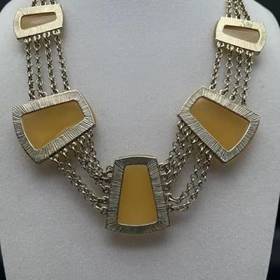 Vintage Gold Tone Trapezoid Yellow Faux Stone Statement Necklace Chunky 22" - Thumbnail 7