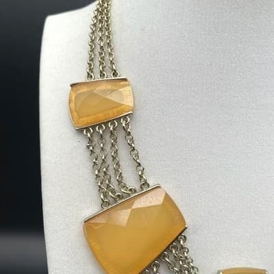 Vintage Gold Tone Trapezoid Yellow Faux Stone Statement Necklace Chunky 22" - Thumbnail 3