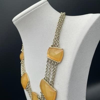 Vintage Gold Tone Trapezoid Yellow Faux Stone Statement Necklace Chunky 22" - Thumbnail 6