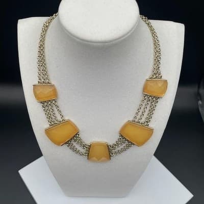 Vintage Gold Tone Trapezoid Yellow Faux Stone Statement Necklace Chunky 22" - Thumbnail 5