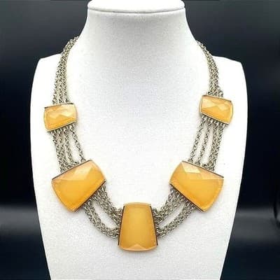 Vintage Gold Tone Trapezoid Yellow Faux Stone Statement Necklace Chunky 22" - Thumbnail 2