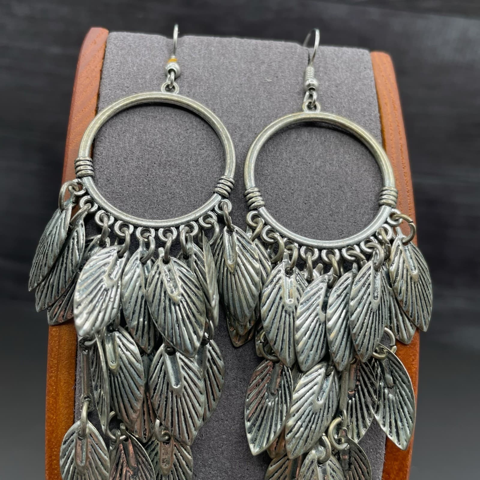 Boho Silver Leaf Cascade Dangle Earrings - Thumbnail 6