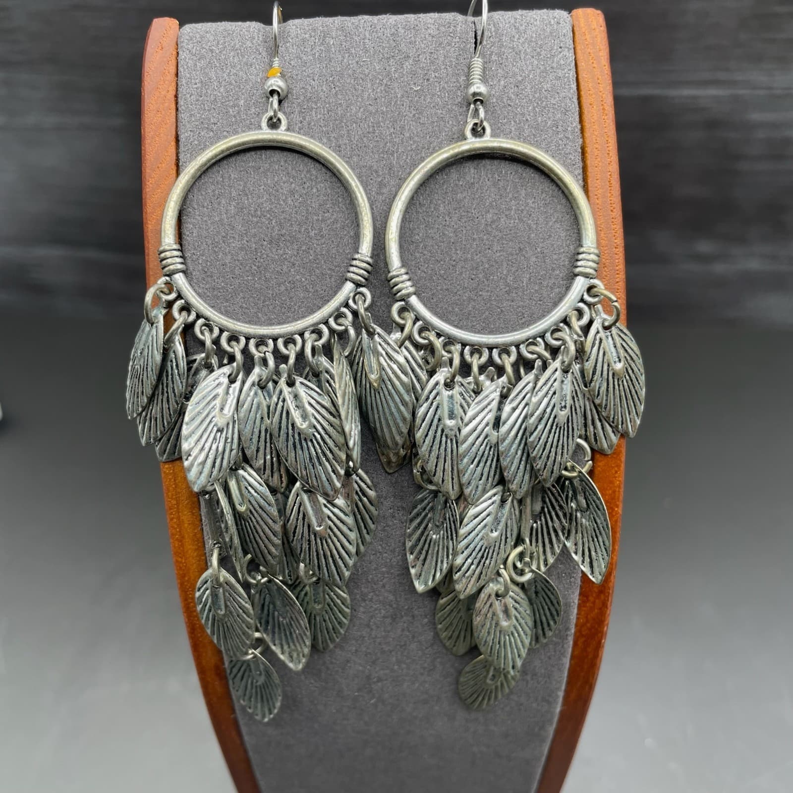 Boho Silver Leaf Cascade Dangle Earrings - Thumbnail 2