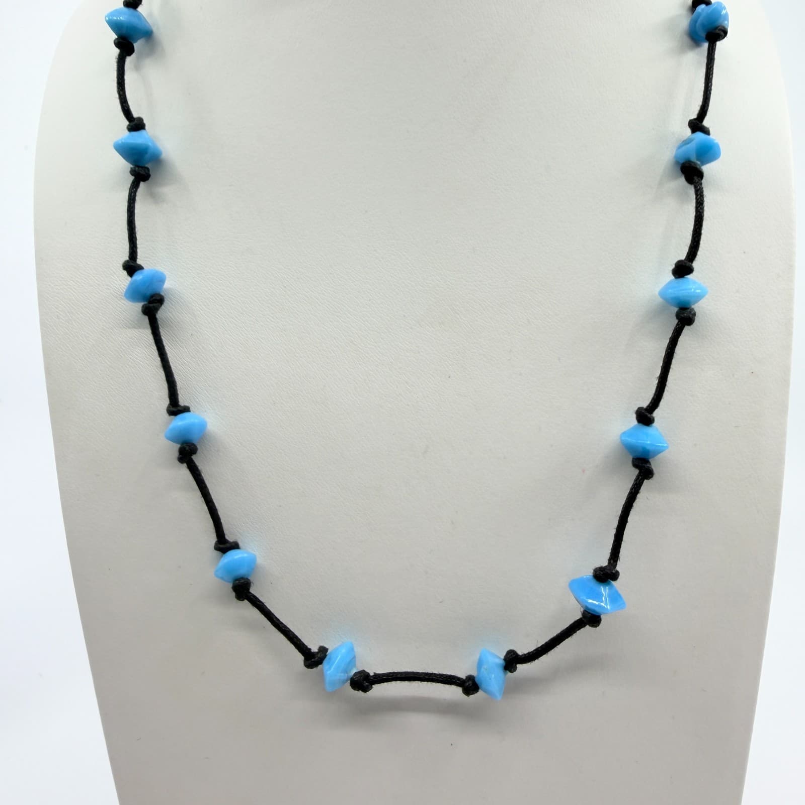 Vintage Black Cord Light Blue Bead Station Necklace Boho Retro Minimalist Y2K - Thumbnail 3