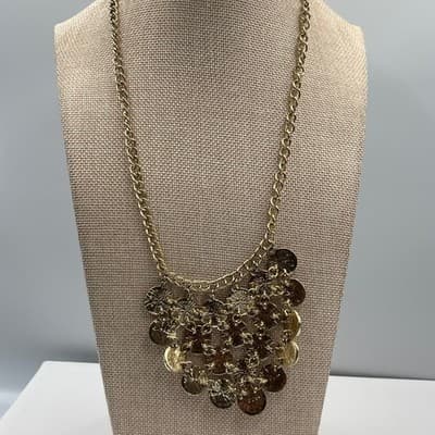 Vintage Gold Tone Bib Necklace Glitter Medallion Tassel Chandelier Statement 24" - Thumbnail 5