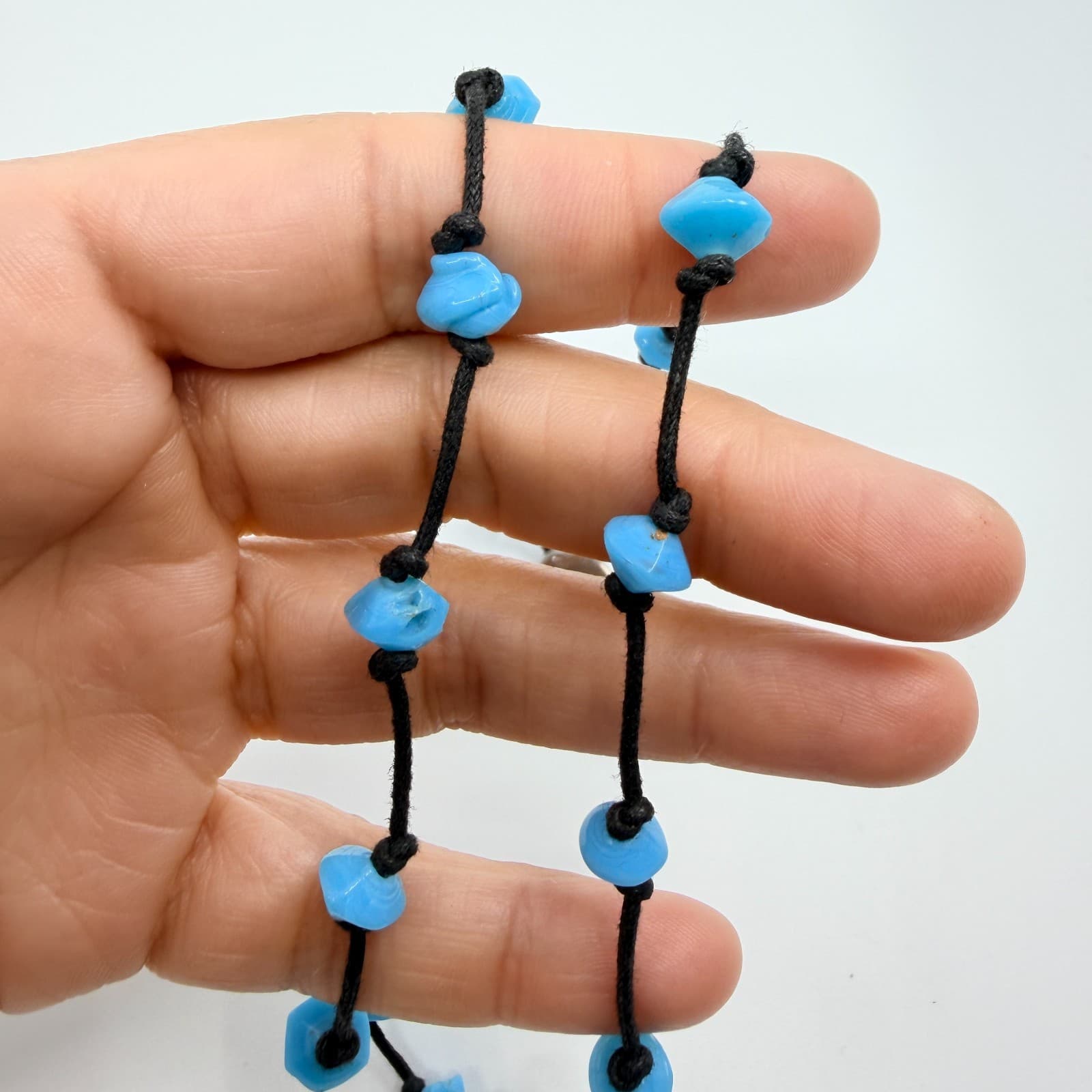 Vintage Black Cord Light Blue Bead Station Necklace Boho Retro Minimalist Y2K - Thumbnail 8
