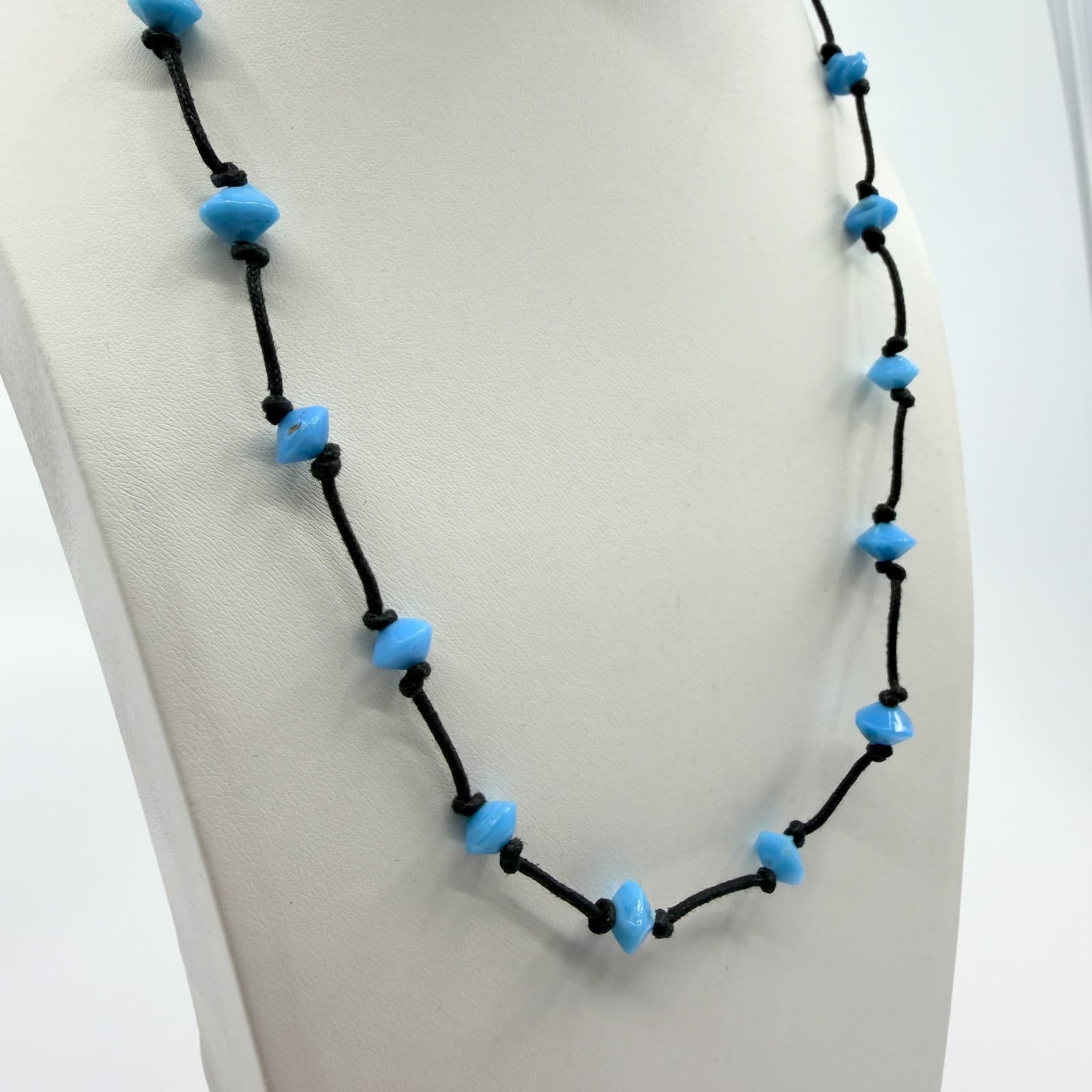 Vintage Black Cord Light Blue Bead Station Necklace Boho Retro Minimalist Y2K - Thumbnail 5