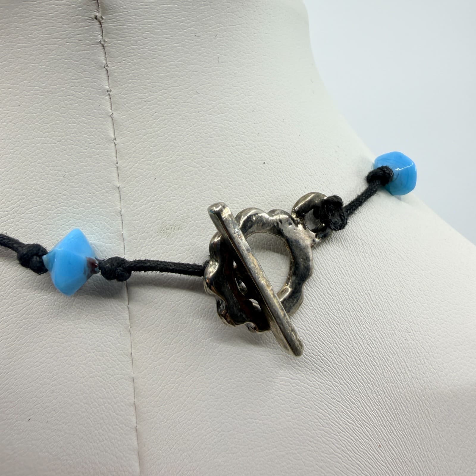 Vintage Black Cord Light Blue Bead Station Necklace Boho Retro Minimalist Y2K - Thumbnail 7
