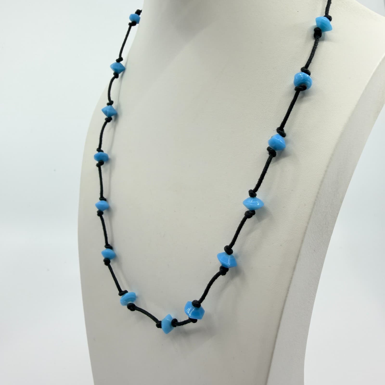 Vintage Black Cord Light Blue Bead Station Necklace Boho Retro Minimalist Y2K - Thumbnail 6