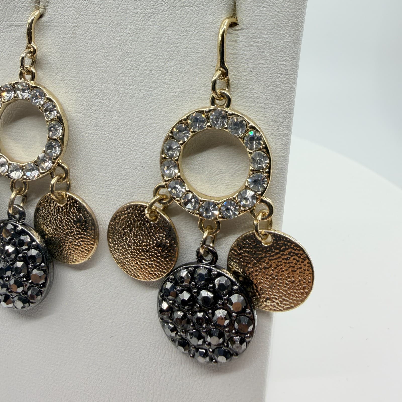 Earrings Vintage Gold Tone Rhinestone Circle Drop Disc Dangle Boho Statement 90s - Thumbnail 5