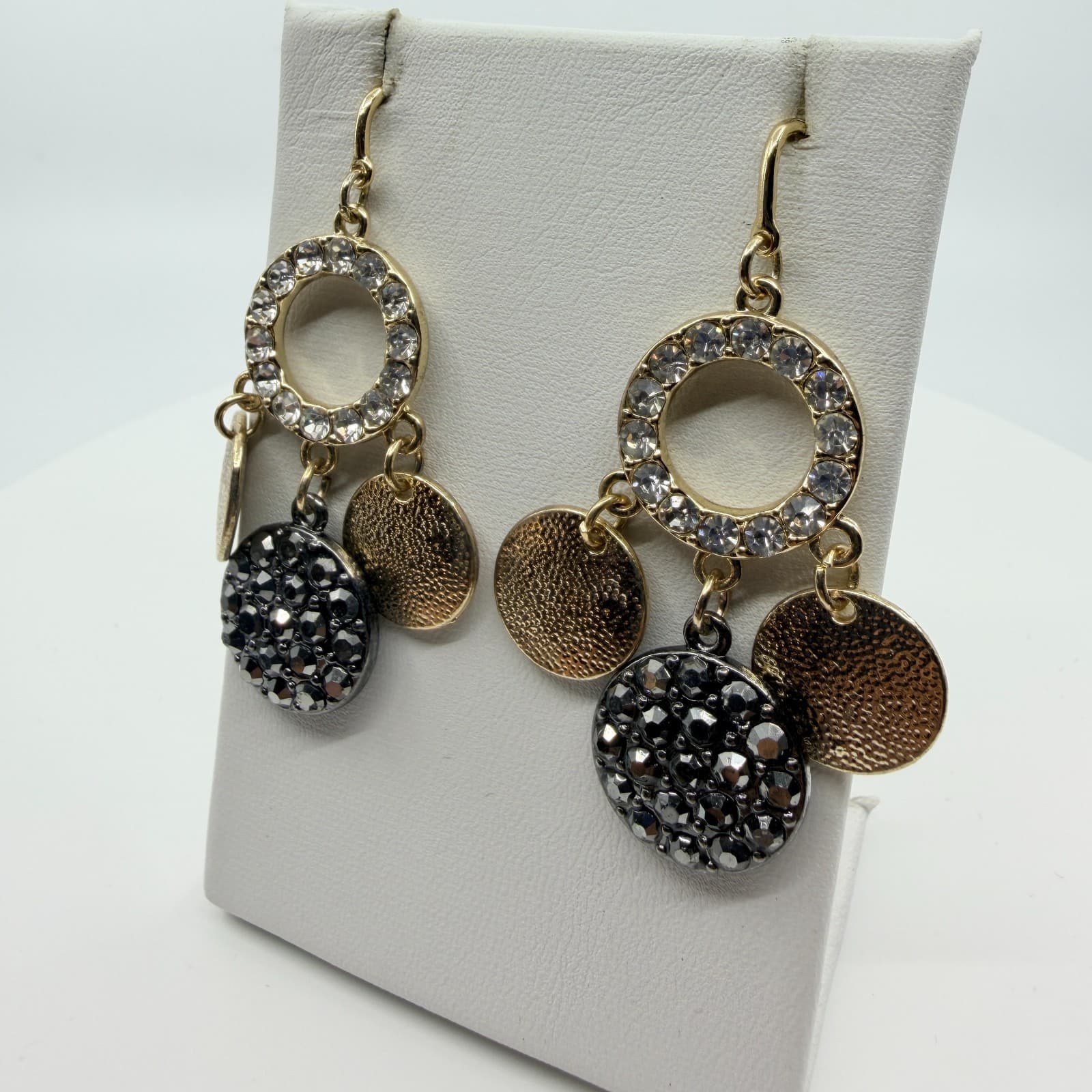Earrings Vintage Gold Tone Rhinestone Circle Drop Disc Dangle Boho Statement 90s - Thumbnail 4