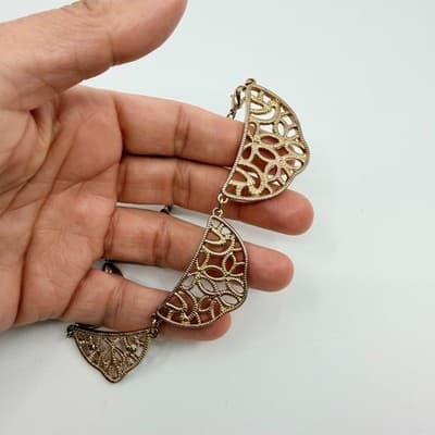 Vintage Antique Gold Tone Filigree Bracelet Openwork Cutout Multi Panel Wide 90s - Thumbnail 6