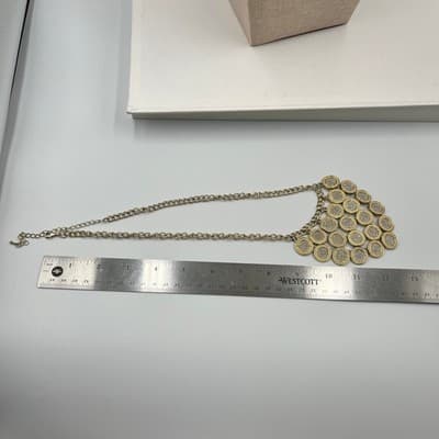 Vintage Gold Tone Bib Necklace Glitter Medallion Tassel Chandelier Statement 24" - Thumbnail 7